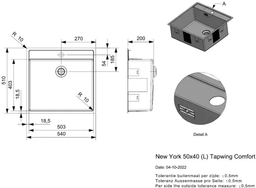 REGINOX K�chensp�le New York 50x40 (L) Comfort Hahnlochbank Einbausp�le Edelstahl Flachrand fl�chenb�ndig Siebkorb als Stopfenventil