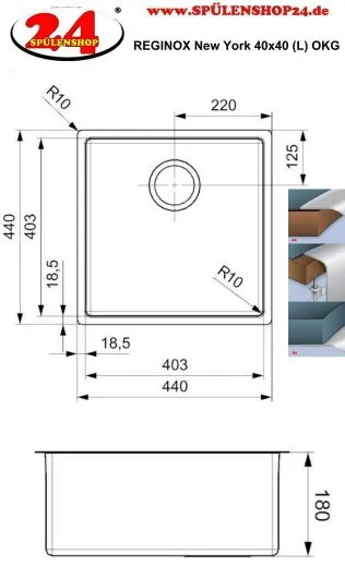 REGINOX Kchensple New York 40x40 (L) OKG Einbausple Edelstahl 3 in 1 mit Flachrand Siebkorb als Stopfenventil