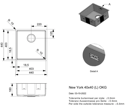 REGINOX K�chensp�le New York 40x40 (L) OKG Einbausp�le Edelstahl 3 in 1 mit Flachrand Siebkorb als Stopfenventil