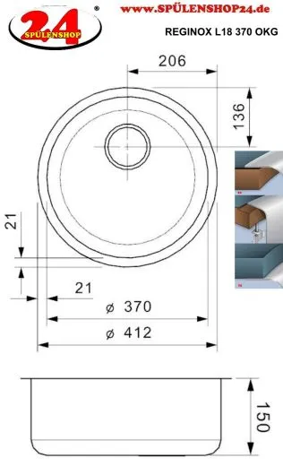 REGINOX Kchensple L18 370 (L) OKG Einbausple Edelstahl mit Flachrand Rundbecken 3 in 1 mit Siebkorb als Stopfenventil
