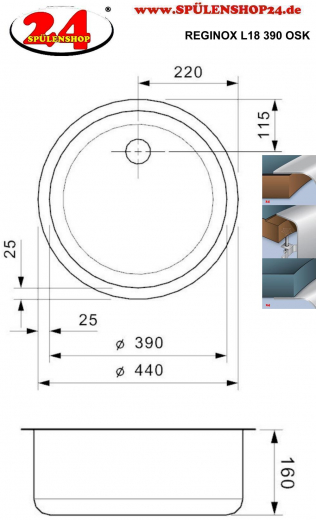 REGINOX Küchenspüle L18 390 (L) OSK Einbauspüle Edelstahl mit Flachrand Rundbecken 3 in 1 mit Gummistopfen und Kette