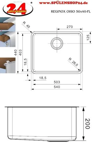 REGINOX Kchensple Ohio 50x40 (L) OKG Einbausple Edelstahl 3 in 1 mit Flachrand Siebkorb als Stopfenventil