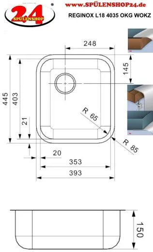 REGINOX Kchensple L18 4035 OKG WOKZ Einbausple Edelstahl 3 in 1 mit Flachrand Siebkorb als Stopfenventil