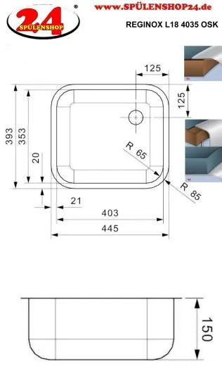 REGINOX Kchensple L18 4035 OSK Einbausple Edelstahl 3 in 1 mit Flachrand mit Gummistopfen und Kette