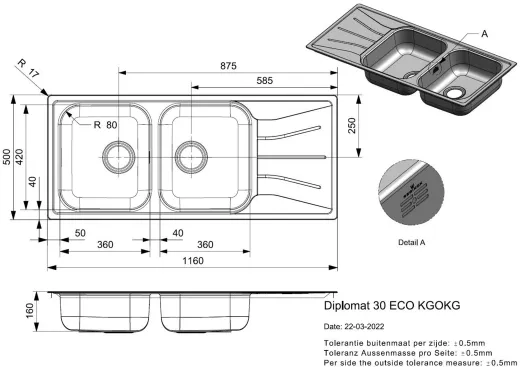 REGINOX K�chensp�le Diplomat 30 ECO KGOKG Einbausp�le Edelstahl Doppelsp�le mit Einbaurand Siebkorb als Stopfenventil