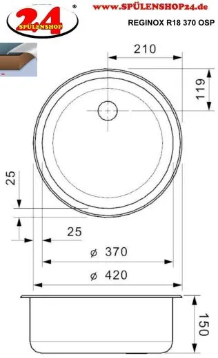 REGINOX Kchensple R18 370 (R) OSP Einbausple Edelstahl mit Einbaurand Rundbecken mit Gummistopfen