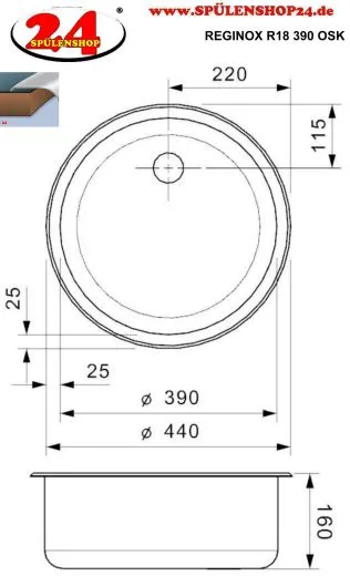 REGINOX Kchensple R18 390 (R) OSK Einbausple Edelstahl mit Einbaurand Rundbecken mit Gummistopfen und Kette