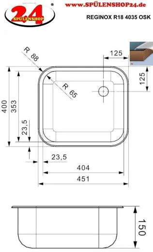REGINOX Kchensple R18 4035 (R) OSK Einbausple Edelstahl mit Einbaurand mit Gummistopfen und Kette