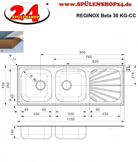 x REGINOX Clean & Care Beta 30 (R) KG-CC Einbausple Edelstahl mit Einbaurand Doppelsple ohne berlauf medizinischer Bereich