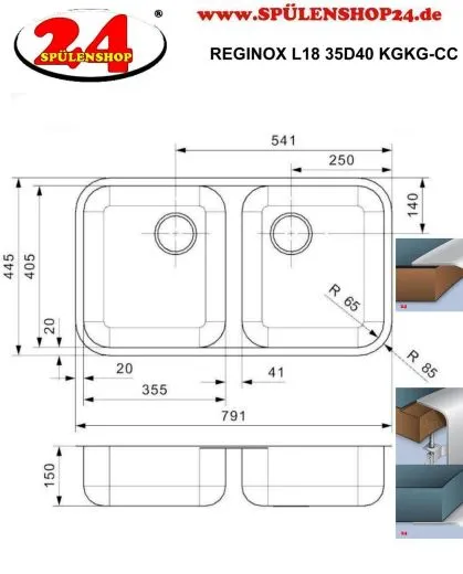 REGINOX Clean & Care L18 35D40 (L) KGKG-CC Einbausple Edelstahl mit Flachrand 3 in 1 Doppelbecken ohne berlauf medizinischer Bereich