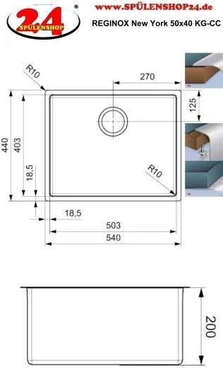 REGINOX Clean & Care New York 50x40 (L) KG-CC Einbausple Edelstahl mit Flachrand 3 in 1 ohne berlauf medizinischer Bereich