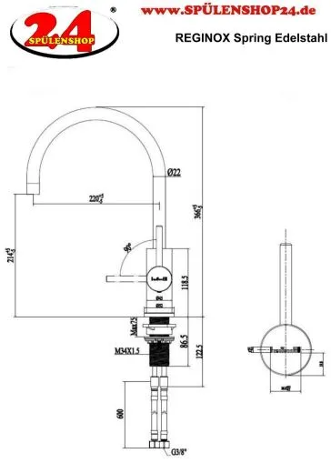 REGINOX Kchenarmatur Spring Edelstahl massiv (R31780) Einhebelmischer mit Festauslauf 360 schwenkbarer Auslauf