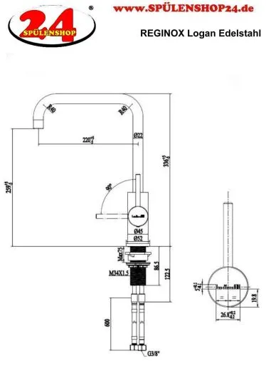 REGINOX Kchenarmatur Logan Edelstahl massiv (R31797) Einhebelmischer mit Festauslauf 360 schwenkbarer Auslauf