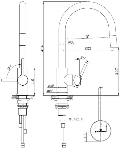 REGINOX Kchenarmatur Huron Edelstahl massiv (R34576) Einhebelmischer mit Zugauslauf als Schlauchbrause 360 schwenkbarer Auslauf