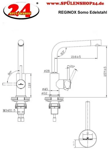 REGINOX Kchenarmatur Somo Edelstahl massiv (R34569) Einhebelmischer mit Festauslauf 360 schwenkbarer Auslauf
