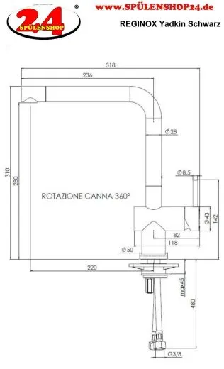 REGINOX Kchenarmatur Yadkin Schwarz (R31681) Einhebelmischer mit Festauslauf 360 schwenkbarer Auslauf
