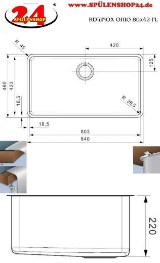 REGINOX Kchensple Ohio 80x42 (L) OKG Einbausple Edelstahl 3 in 1 mit Flachrand Siebkorb als Stopfenventil