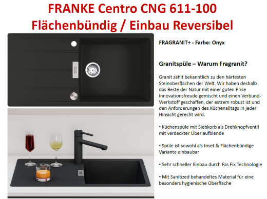 FRANKE Kchensple Centro CNG 611-100 Fragranit+ Einbausple / Granitsple Flchenbndig mit Siebkorb als Drehknopfventil