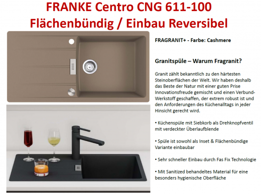 FRANKE Kchensple Centro CNG 611-100 Fragranit+ Einbausple / Granitsple Flchenbndig mit Siebkorb als Drehknopfventil