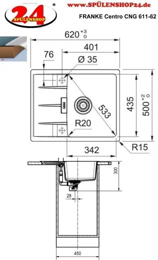 FRANKE Kchensple Centro CNG 611-62 Fragranit+ Einbausple / Granitsple mit Siebkorb als Drehknopfventil