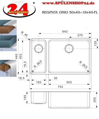 REGINOX Kchensple Ohio 50x40+18x40/18x40+50x40 (L) Einbausple Edelstahl 3 in 1 mit Flachrand