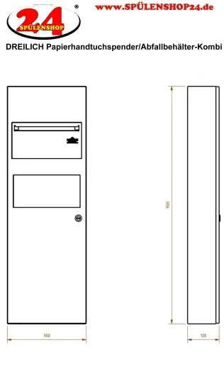 DREILICH Sirius II Papierhandtuchspender / Abfallbehlter Kombination 9124105 Wandmontage mit flachem Zylinderschloss und durchgehender Tr (2002040027)