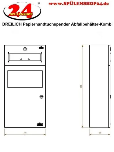DREILICH Sirius II Papierhandtuchspender / Abfallbehlter Kombination 9123104 zur verdeckten Untertischmontage mit flachem Zylinderschloss (2002040020)