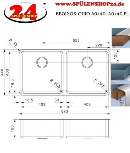 REGINOX Kchensple Ohio 40x40+40x40 (L) OKG Einbausple Edelstahl 3 in 1 mit Flachrand Doppelbecken mit Siebkorb als Stopfenventil
