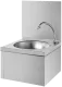 DELABIE Aquarotter Handwaschbecken SXS Edelstahl satiniert fugenlos eingepresstes Rundbecken mit Selbstschlussarmatur mit R�ckwand und Kniebet�tigung Ohne �berlauf (182320)