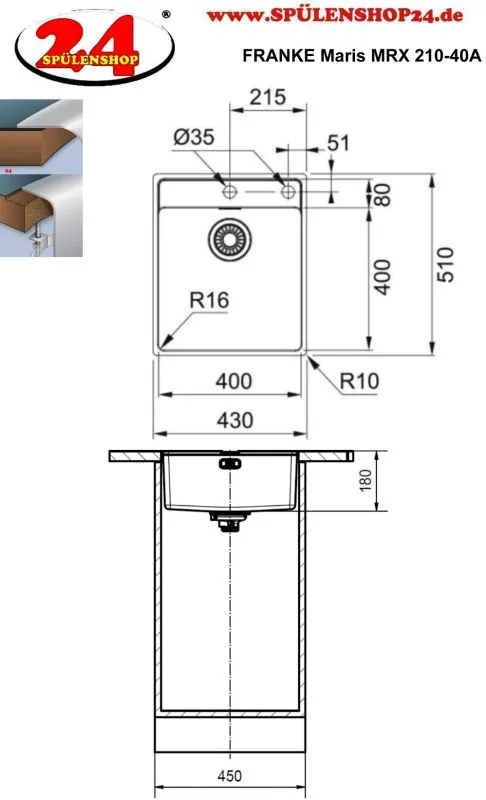 Évier Franke MRX 210-40 En Inox - Bassin Simple, Pose Encastrée, Usage Manuel