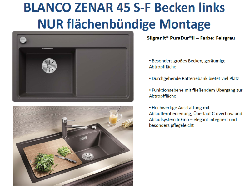 Blanco ZENAR 45 S Granitspüle – Mit Schneidbrett Aus Esche, Alumetallic | Für 45 Cm Unterschränke