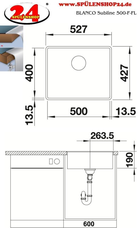Flachenbundige Spule Blanco Subline 500 F Anthrazit Galerien | Milt's Dekor