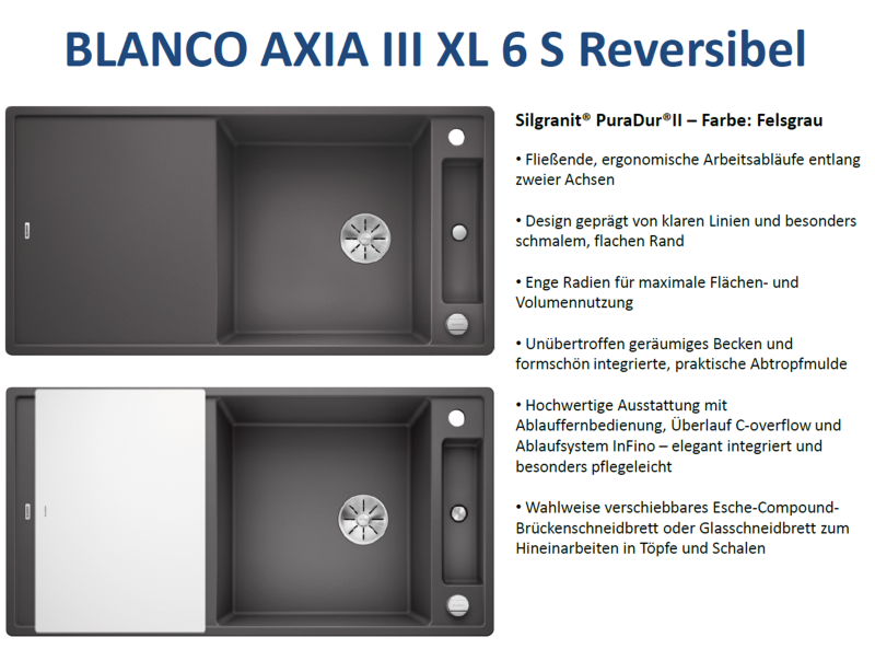 BLANCO ZENAR XL 6 S Granitspüle – Einbeckenspüle Aus Silgranit, Mit Glasschneidbrett, Für 60 Cm Unterschrank, Felsgrau