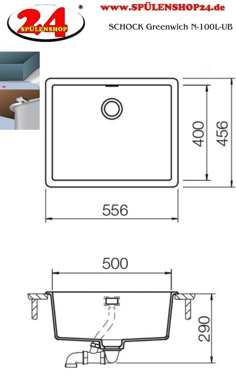 Schock Greenwich Granitspüle – N-100L U Puro Schwarz, Für Unterschränke Ab 60 Cm, 55,6 X 45,6 Cm
