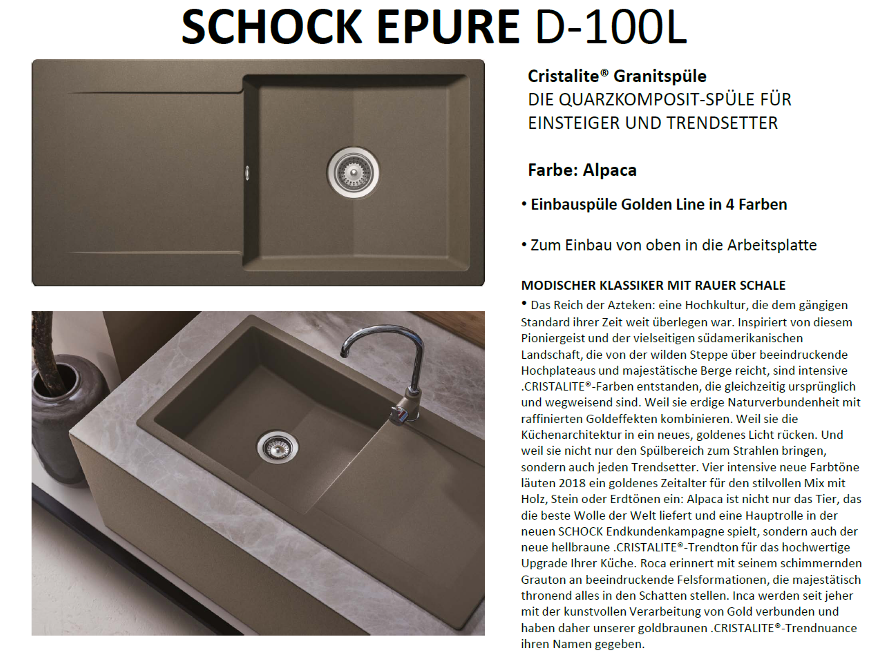 Unterschrank 60cm Aufliegend EPUD1 SCHOCK Spüle EPURE D-100L-A Cristalite+ 