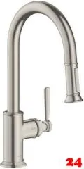 AXOR Kchenarmatur Montreux Edelstahl Finish Einhebelmischer 180 mit Zugauslauf als Auszugsbrause Schwenkbereich einstellbar (16581800)